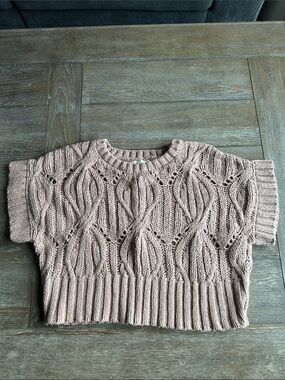 By Together Cropped Openwork Cable-Knit Sweater in Blush Pink